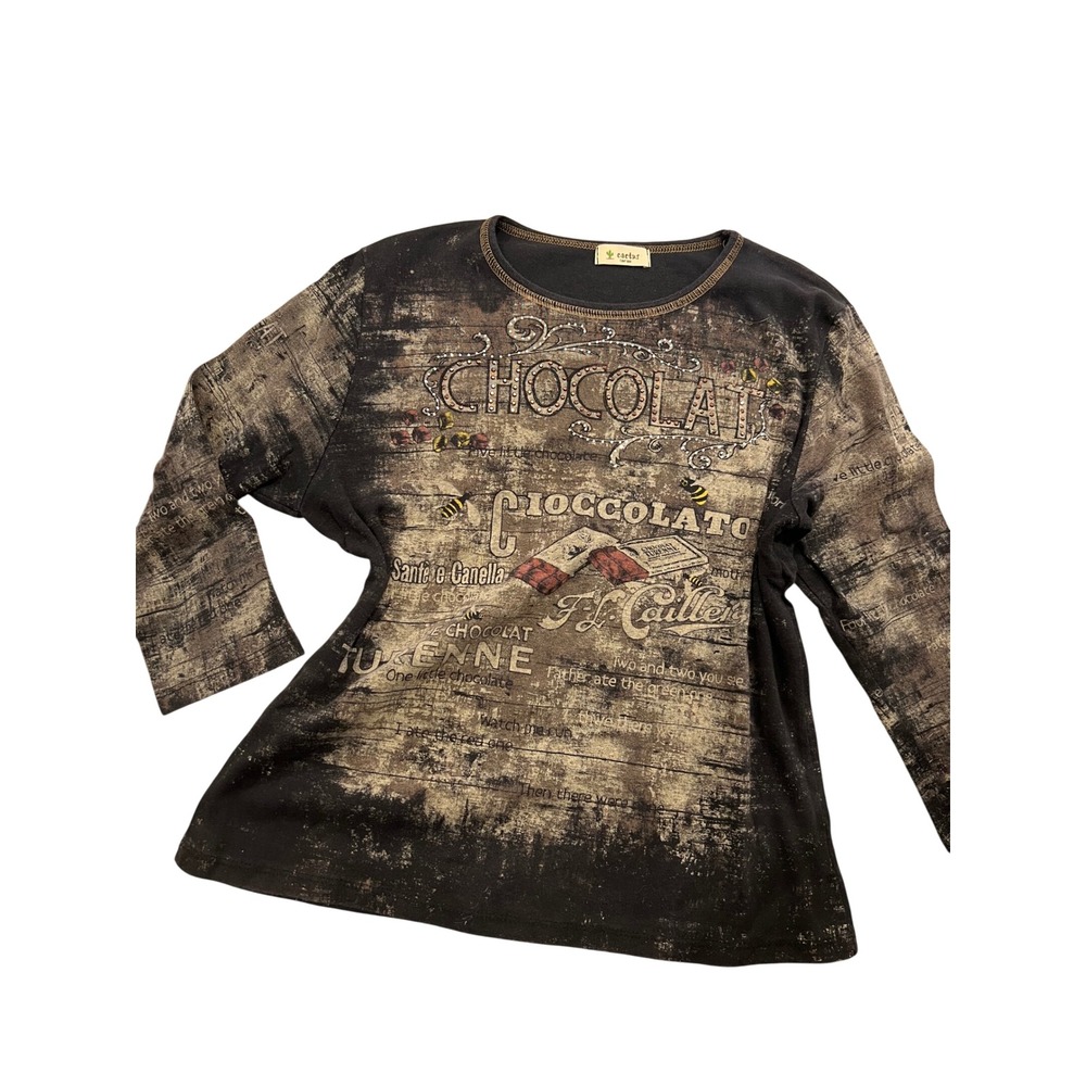 Cactus Women Black Chocolat Graphic Long Sleeve Rhinestone Embellished Top L